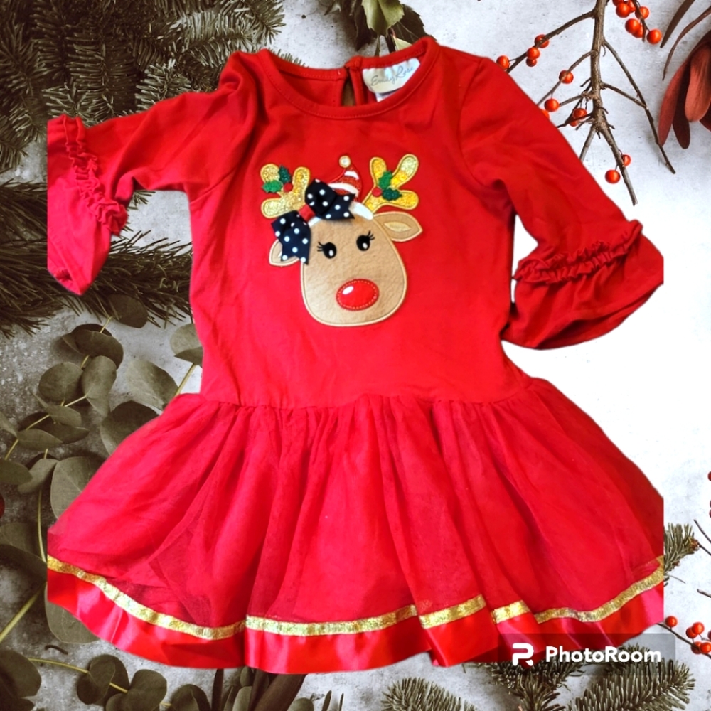 Little Girls Red Reindeer Tulle Ruffle Christmas Shirt Top